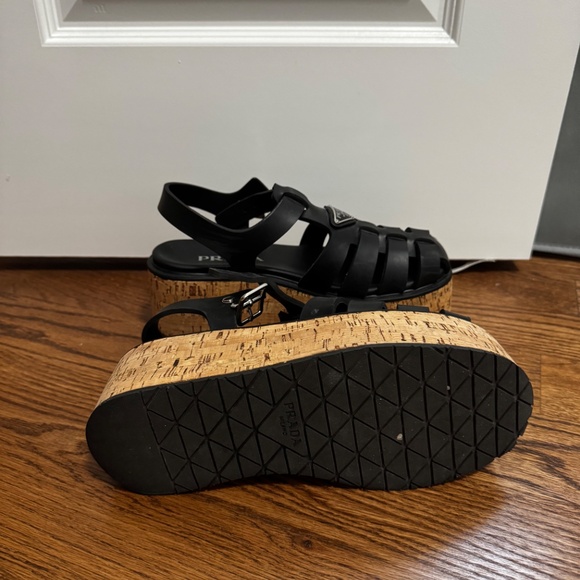 Prada Prada Black Rubber Monolith Platform Cork Sandals - Picture 12 of 12
